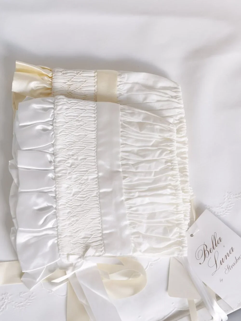 Strasburg White Smocked Bonnet w/ Ivory Satin Trim RARE FIND Special Occassion